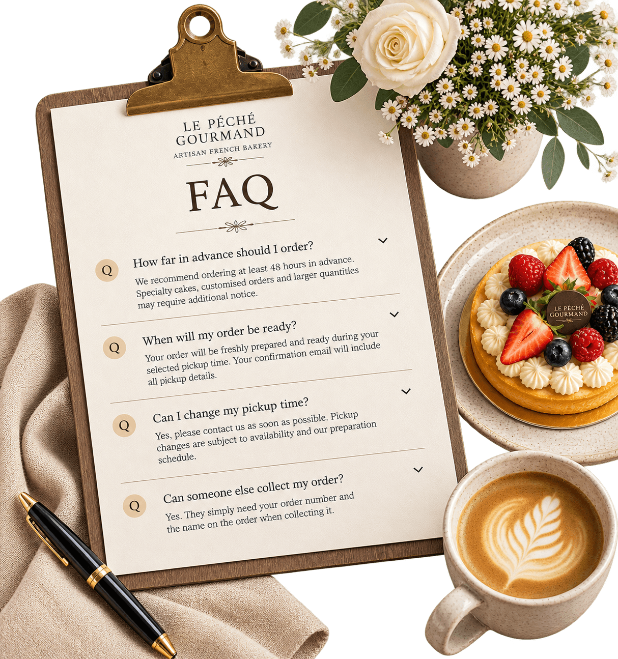 Le Péché Gourmand FAQ notes on a clipboard