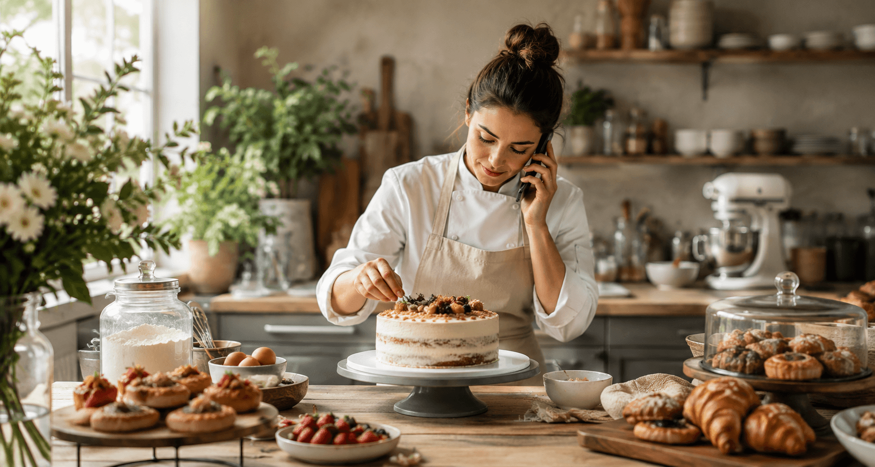 Le Péché Gourmand baker decorating a cake while taking a call